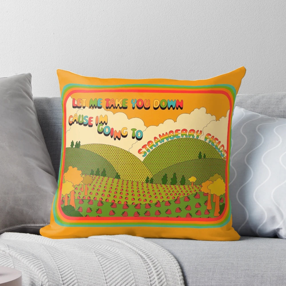 Colorful and psychedelic pillow with a retro strawberry fields design