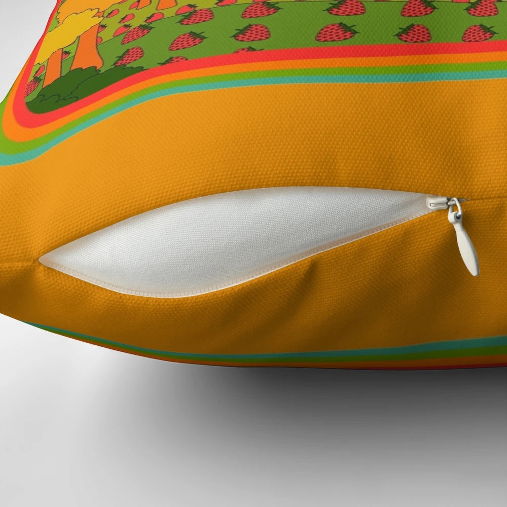 Colorful and psychedelic pillow with a retro strawberry fields design