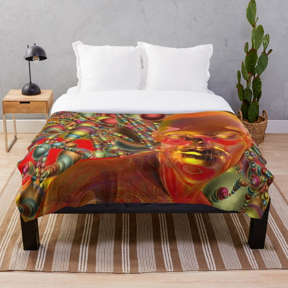 Colorful psychedelic plush blanket with abstract nature-inspired design