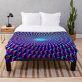 Colorful psychedelic plush blanket with abstract spiral pattern