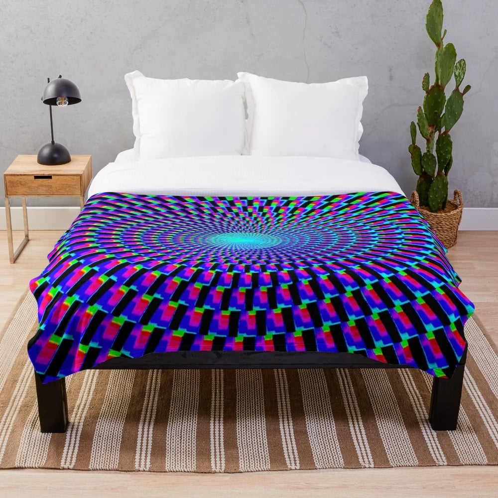 Colorful psychedelic plush blanket with abstract spiral pattern