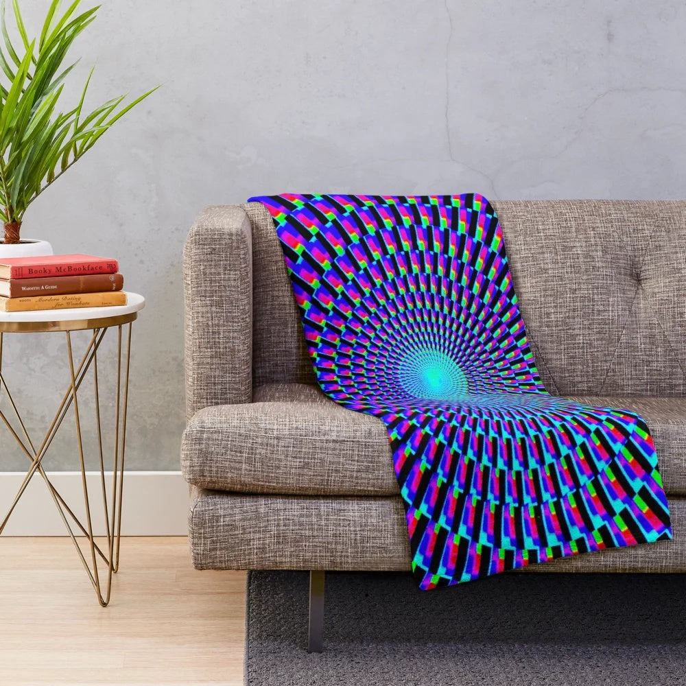 Colorful psychedelic plush blanket with abstract spiral pattern