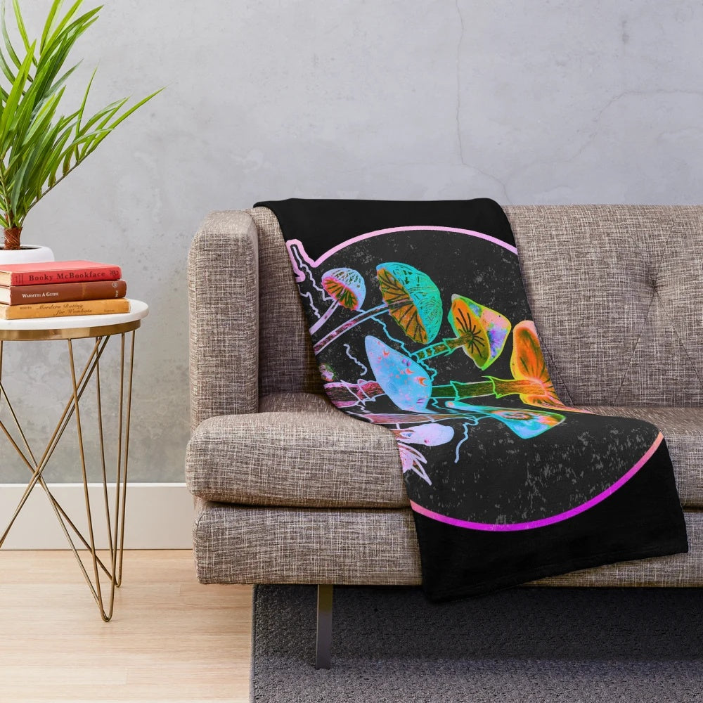 Colorful psychedelic plush blanket with abstract, kaleidoscopic patterns