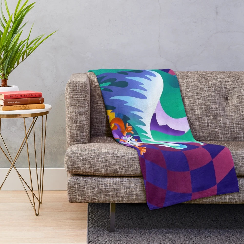 Colorful and abstract plush blanket with trippy, psychedelic design