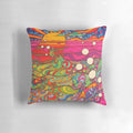 Colorful psychedelic and trippy patterned throw pillow with abstract geometric and native-inspired designs