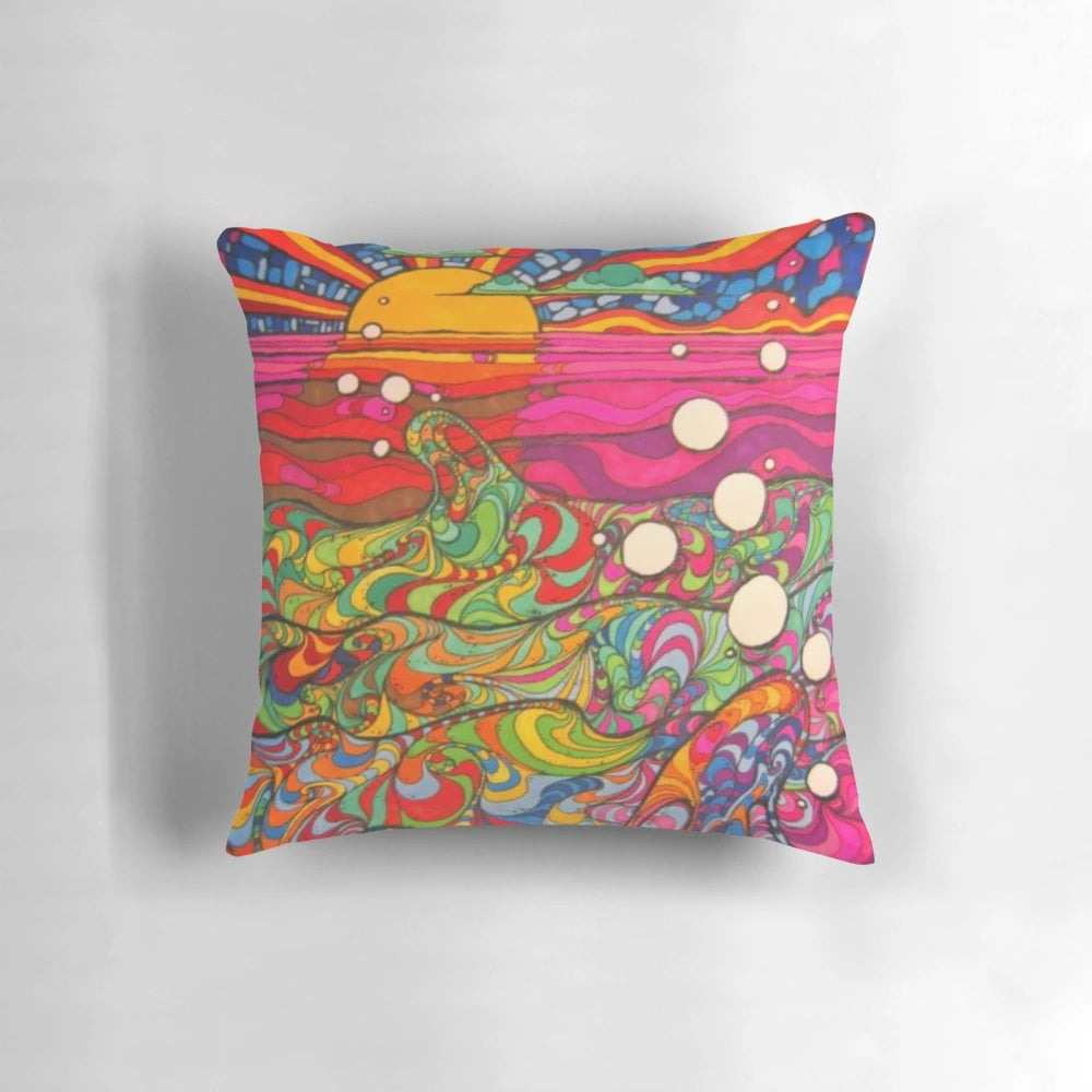 Colorful psychedelic and trippy patterned throw pillow with abstract geometric and native-inspired designs
