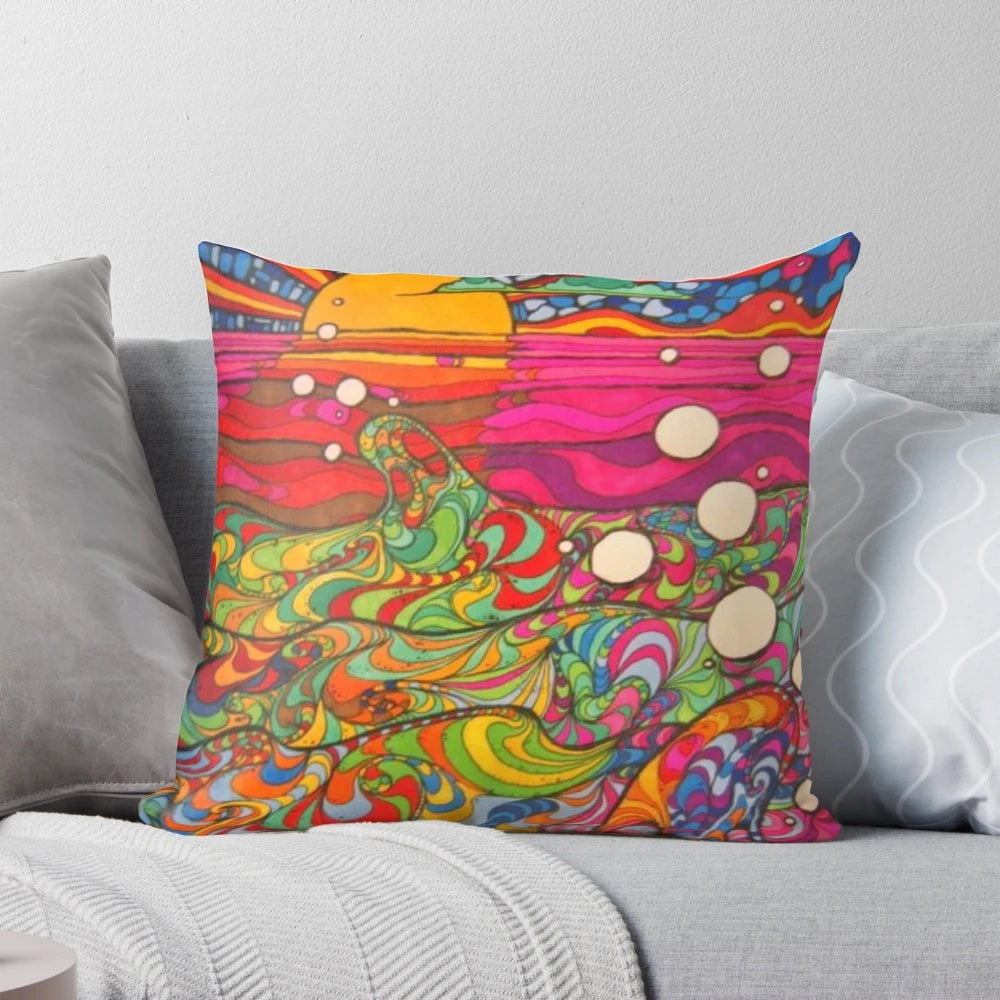 Colorful psychedelic and trippy patterned throw pillow with abstract geometric and native-inspired designs
