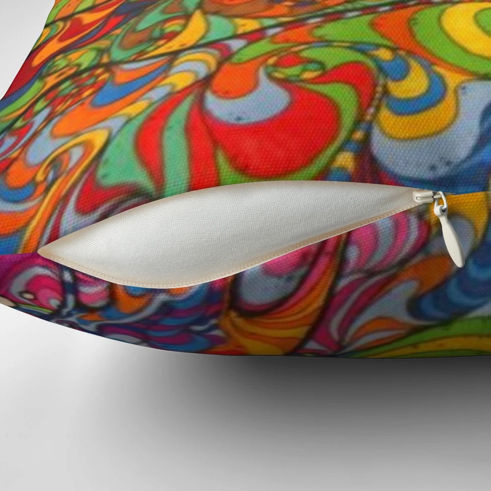 Colorful psychedelic and trippy patterned throw pillow with abstract geometric and native-inspired designs