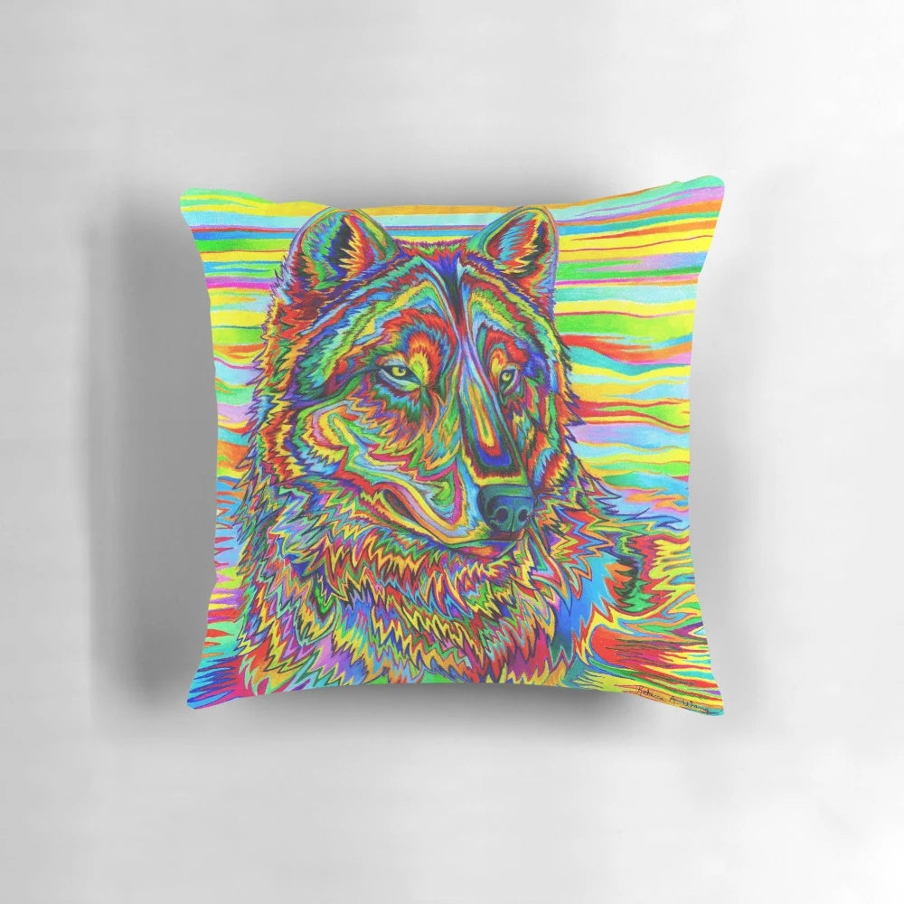 Colorful psychedelic rainbow trippy wolf pillow with abstract, bohemian, and groovy design