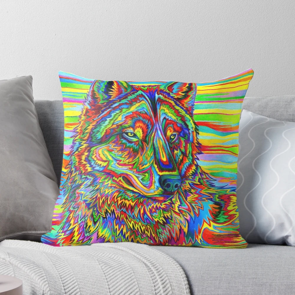 Colorful psychedelic rainbow trippy wolf pillow with abstract, bohemian, and groovy design