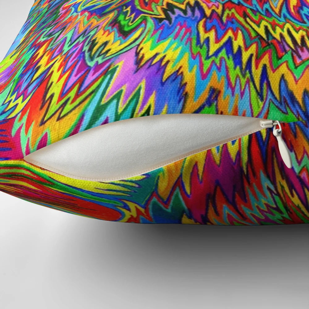 Colorful psychedelic rainbow trippy wolf pillow with abstract, bohemian, and groovy design