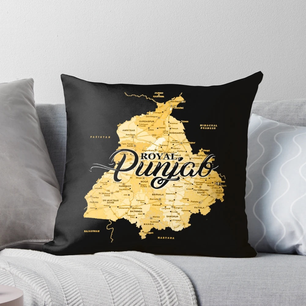 Soft, decorative pillow featuring a detailed map of the Punjab region in a bold, colorful design.