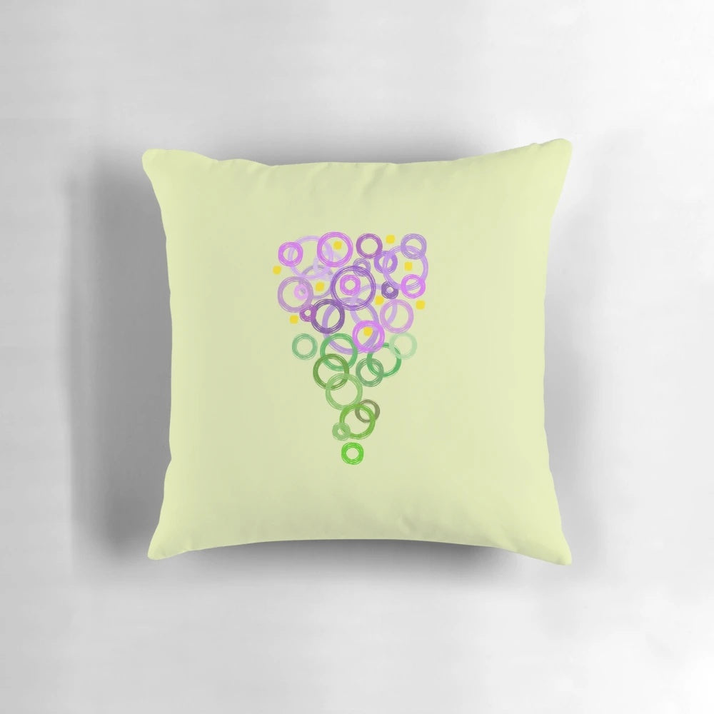 A plush throw pillow featuring a vibrant purple abstract bubble flower design, perfect for spring home decor.