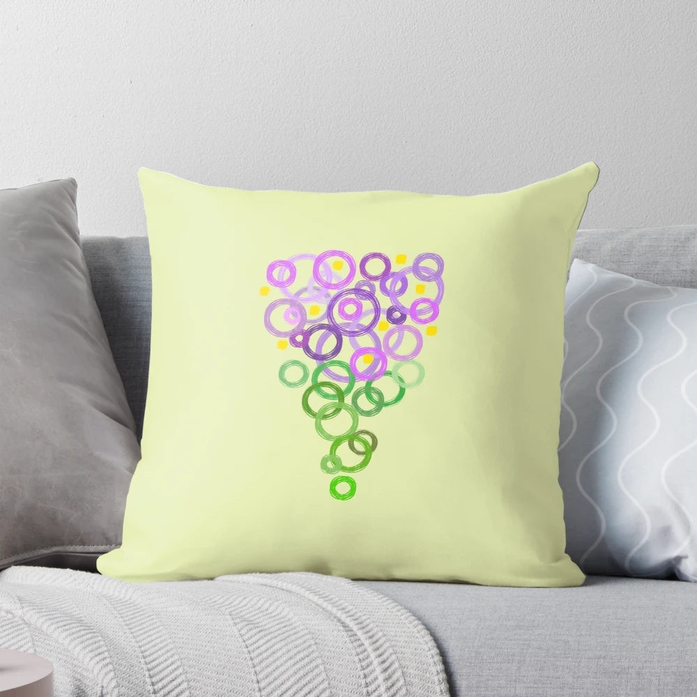 A plush throw pillow featuring a vibrant purple abstract bubble flower design, perfect for spring home decor.