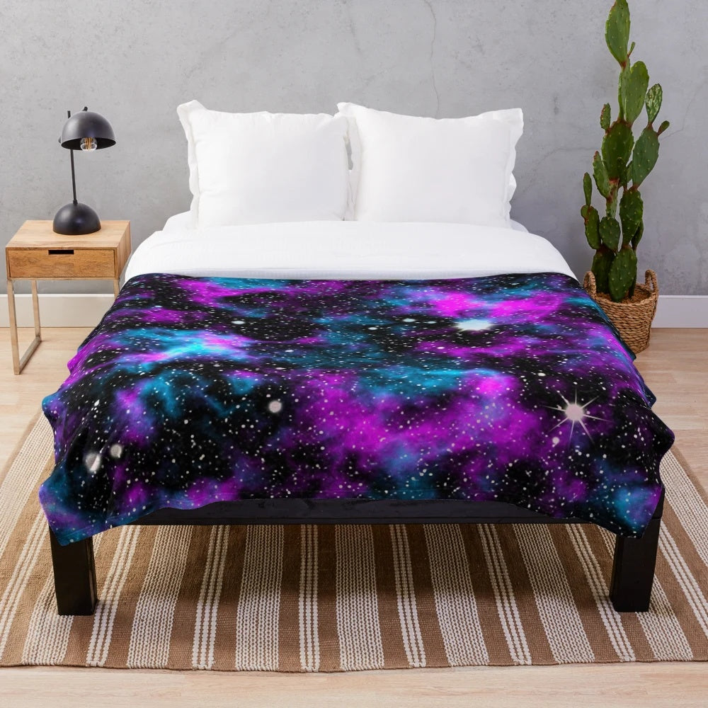 Purple and blue galaxy plush blanket