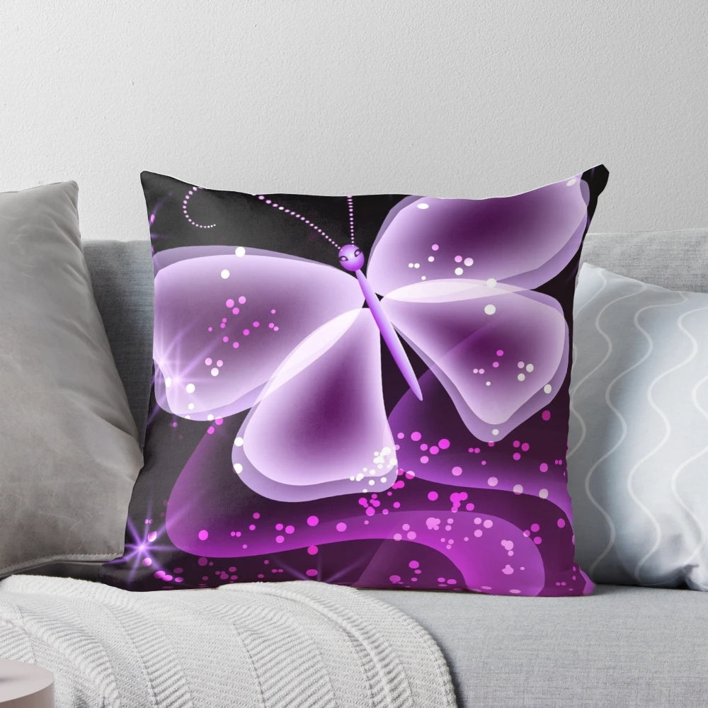 A colorful pillow featuring a beautiful purple butterfly design