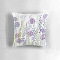 Vibrant purple flower meadow pillow featuring alliums, delphiniums, and veronica gentianoides