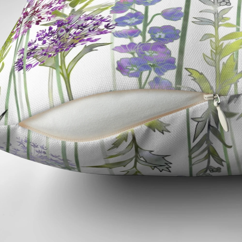 Vibrant purple flower meadow pillow featuring alliums, delphiniums, and veronica gentianoides