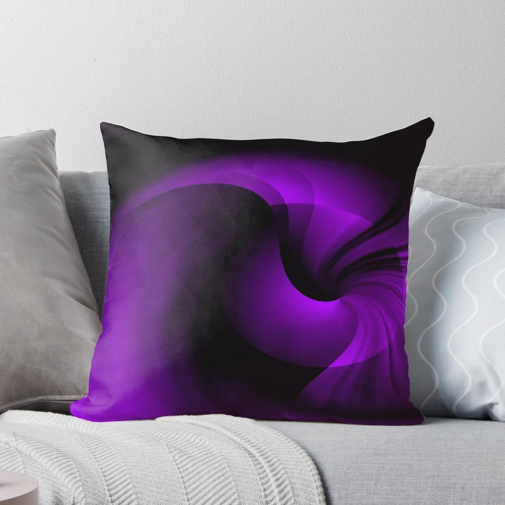 A vibrant purple fractal swirl design decorative pillow, featuring bold, colorful abstract art.