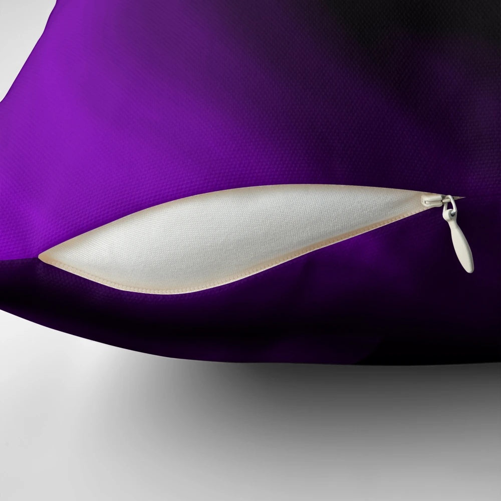 A vibrant purple fractal swirl design decorative pillow, featuring bold, colorful abstract art.