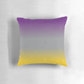 A plush, decorative throw pillow featuring a gradient design in shades of purple, grey, and yellow.