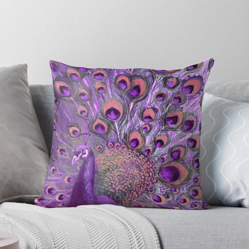 Colorful purple and gold peacock feather pillow for home or bedroom