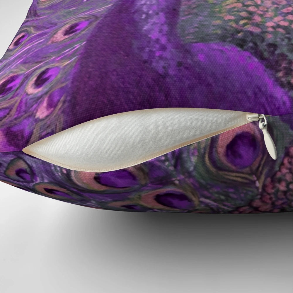 Colorful purple and gold peacock feather pillow for home or bedroom