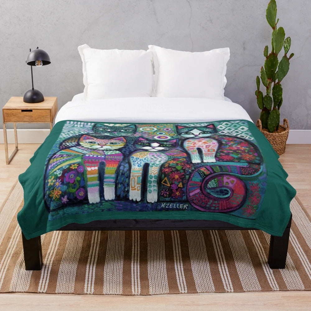 Colorful and whimsical quirky cats plush blanket