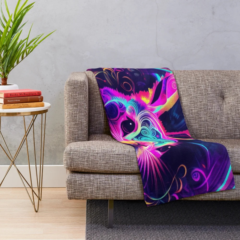 Colorful neon rabbit design on a soft, plush blanket for home decor