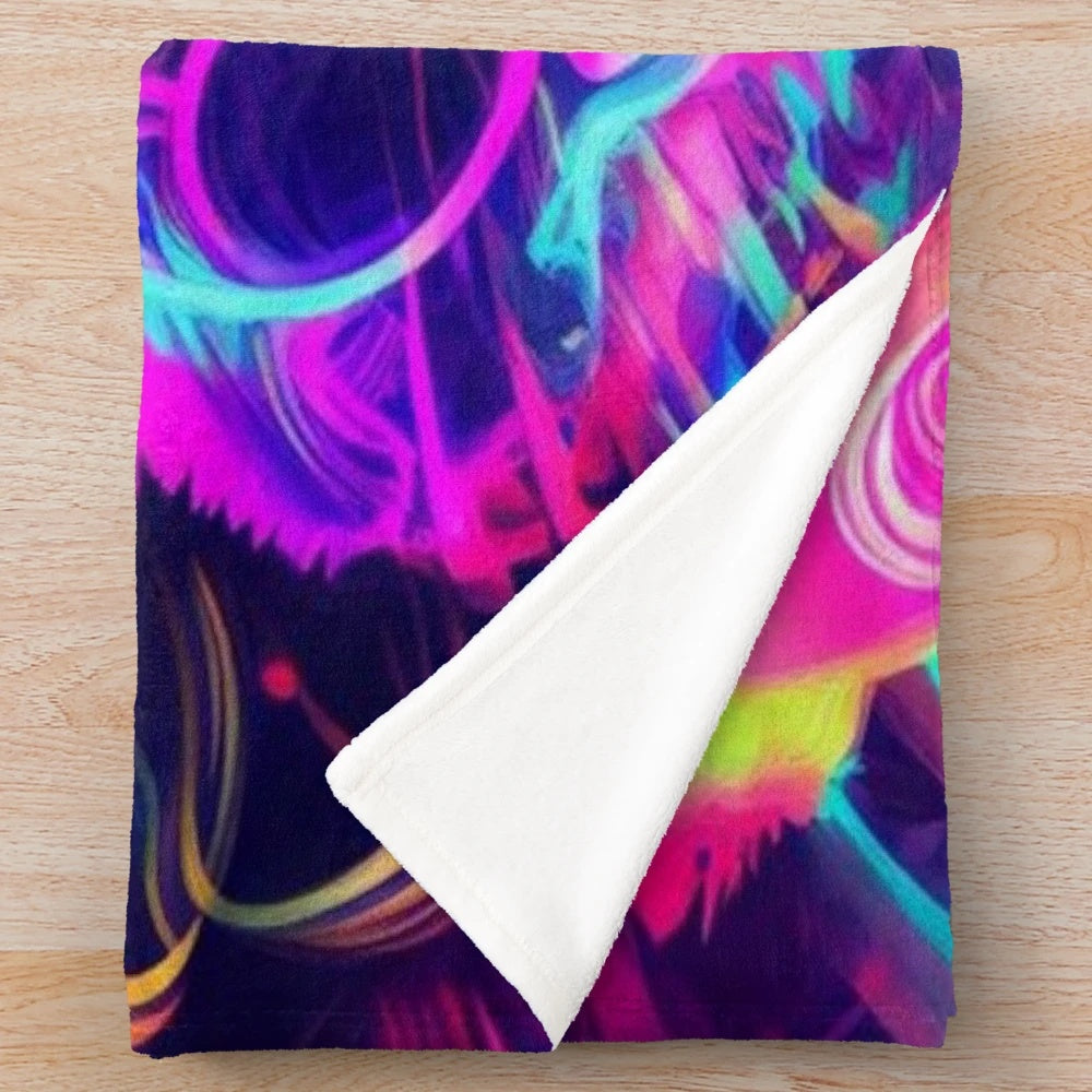 Colorful neon rabbit design on a soft, plush blanket for home decor