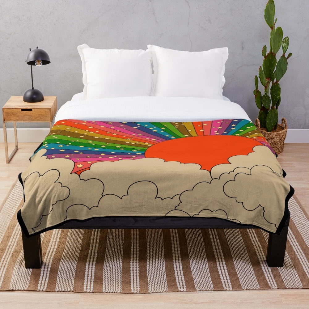 Colorful rainbow plush blanket with a retro 70s design