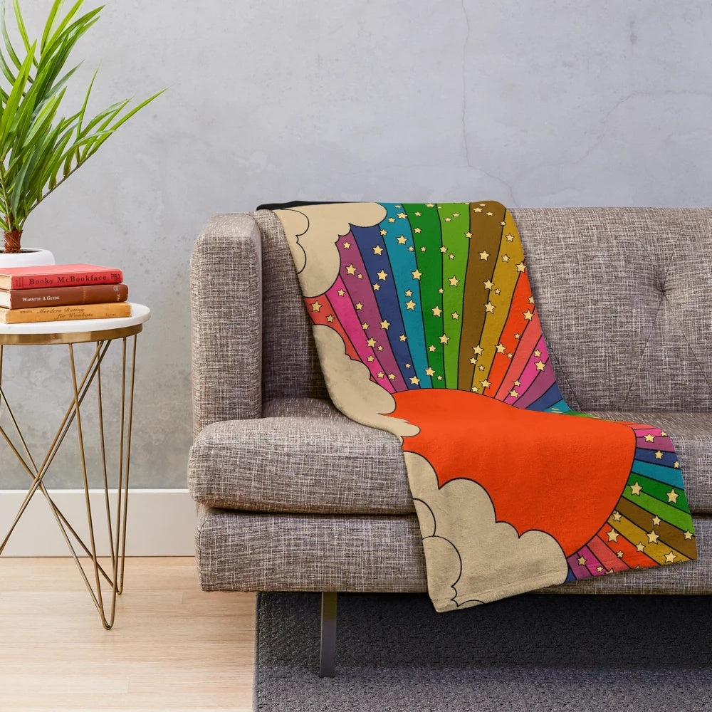 Colorful rainbow plush blanket with a retro 70s design