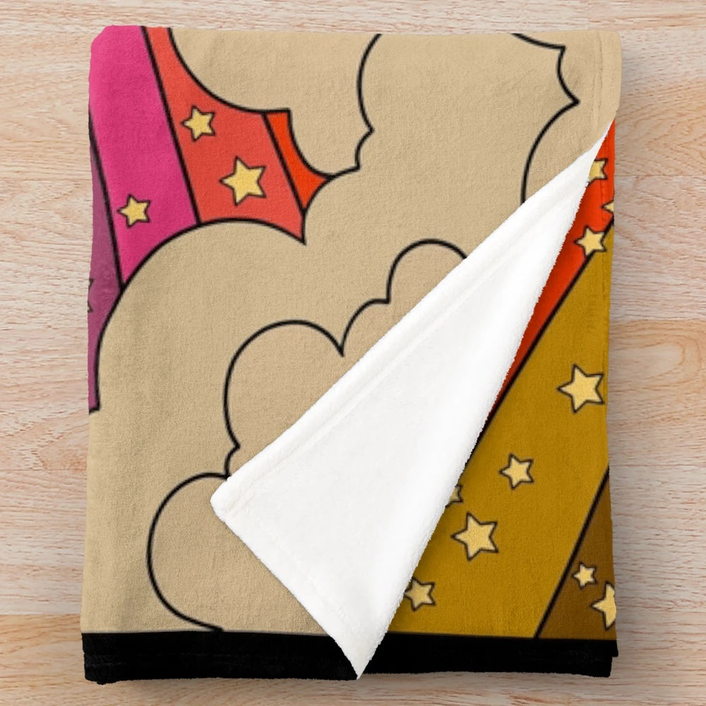 Colorful rainbow plush blanket with a retro 70s design