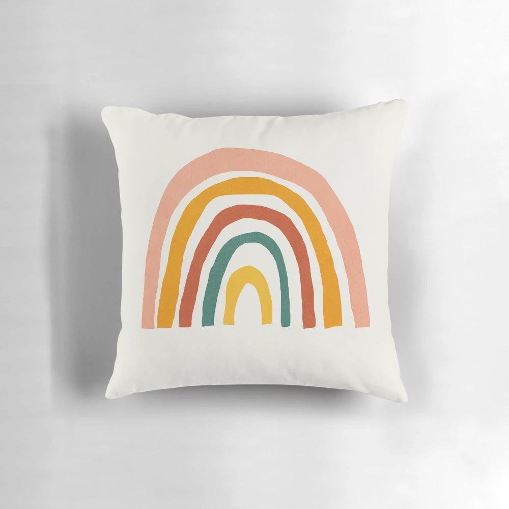 Colorful rainbow-patterned abstract mid century modern style wall art pillow for kids' nursery or bedroom