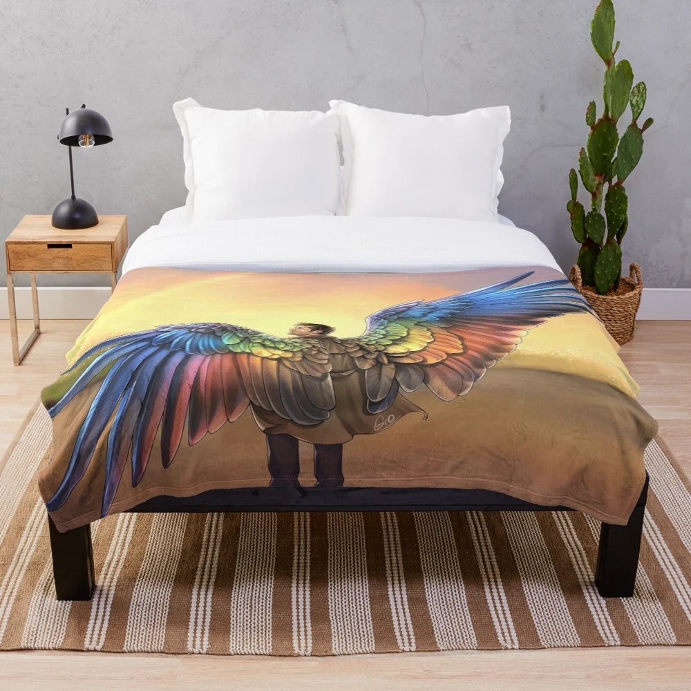 Colorful plush blanket featuring an angel with rainbow wings, inspired by Supernatural