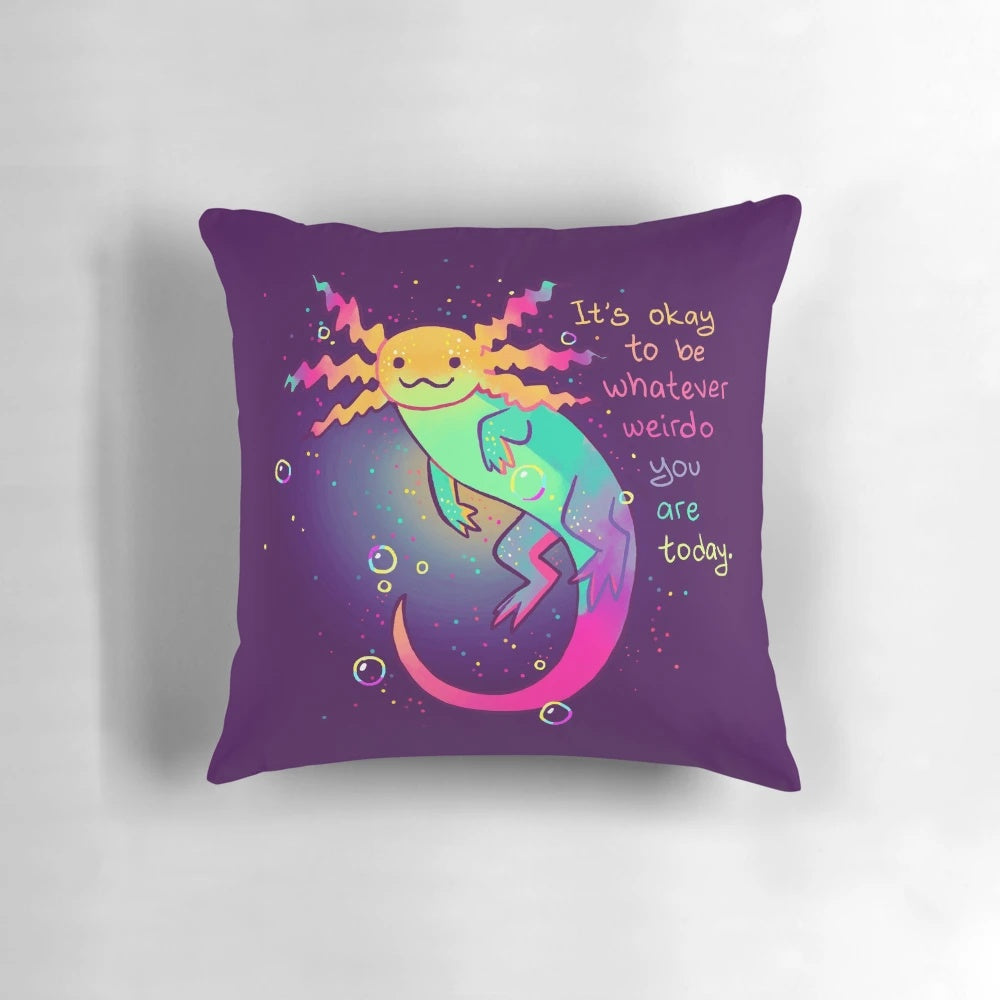 Colorful rainbow axolotl plush pillow with affirmation