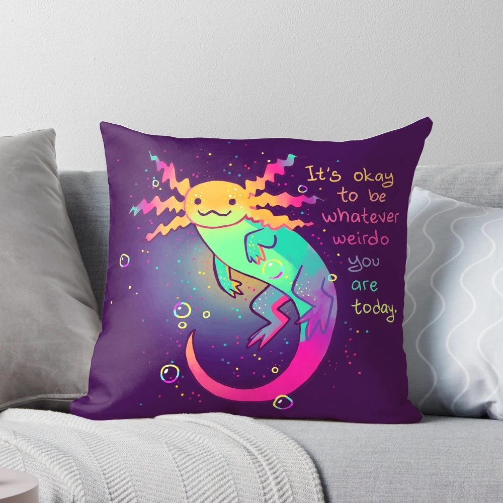 Colorful rainbow axolotl plush pillow with affirmation