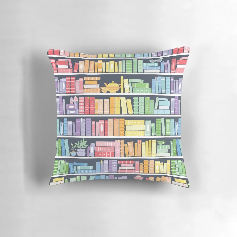 Colorful rainbow books shelf pattern printed on a black background decorative throw pillow