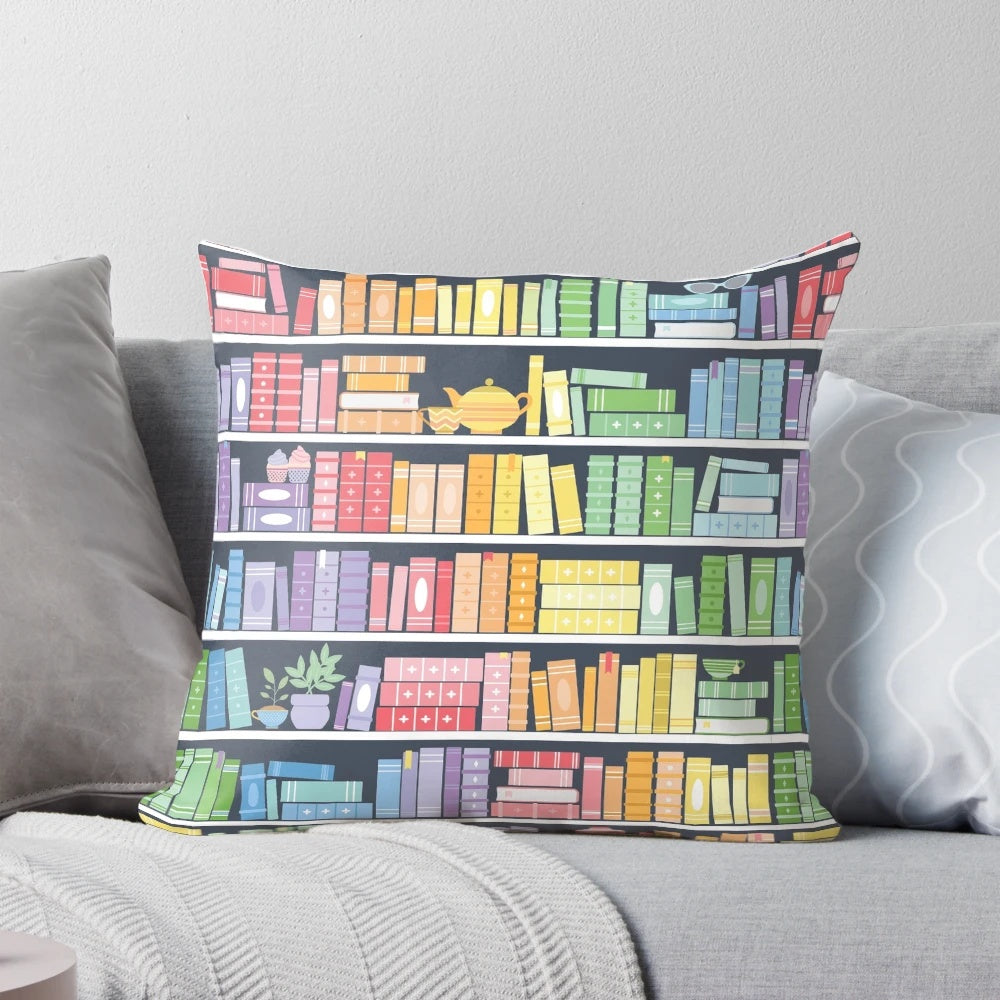 Colorful rainbow books shelf pattern printed on a black background decorative throw pillow