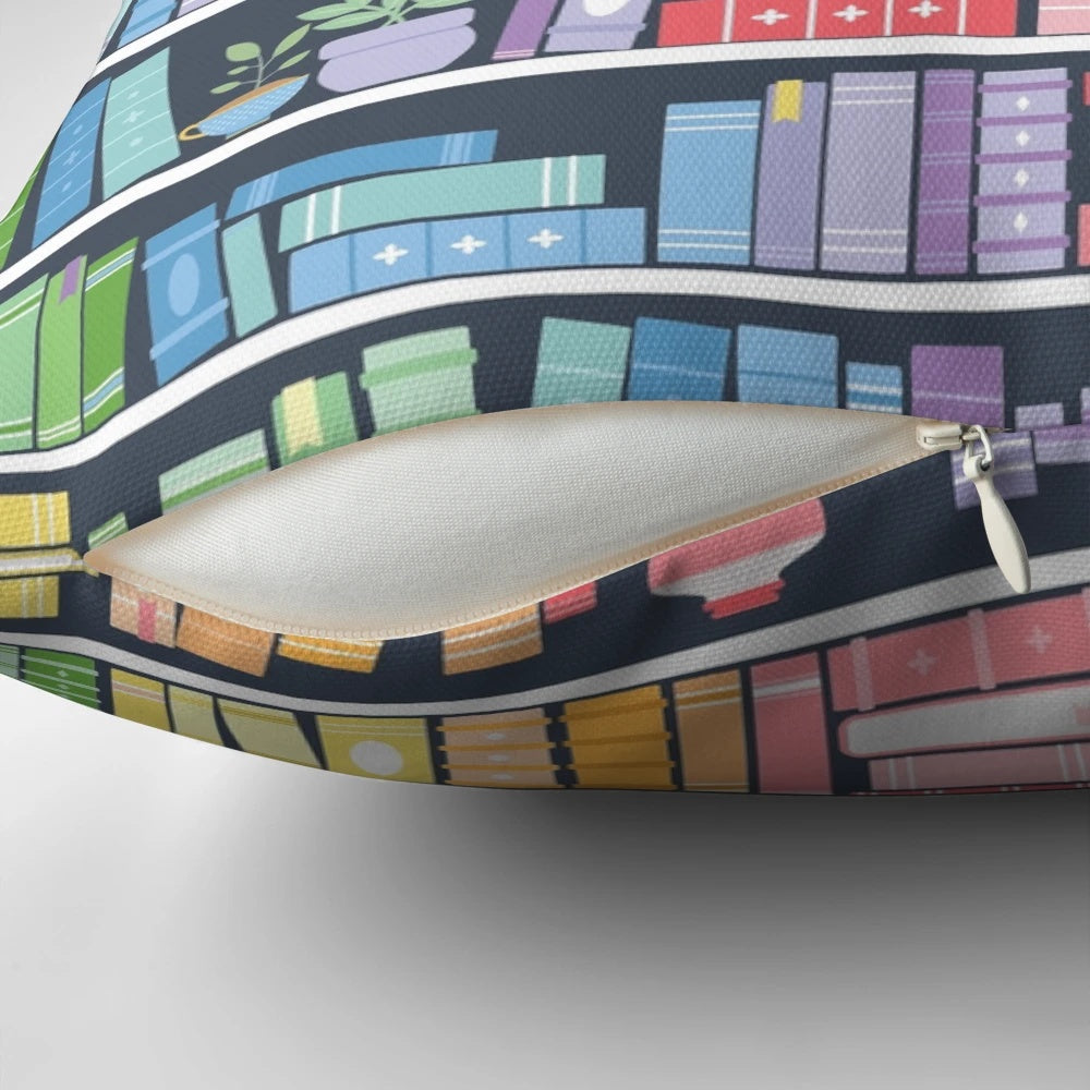 Colorful rainbow books shelf pattern printed on a black background decorative throw pillow