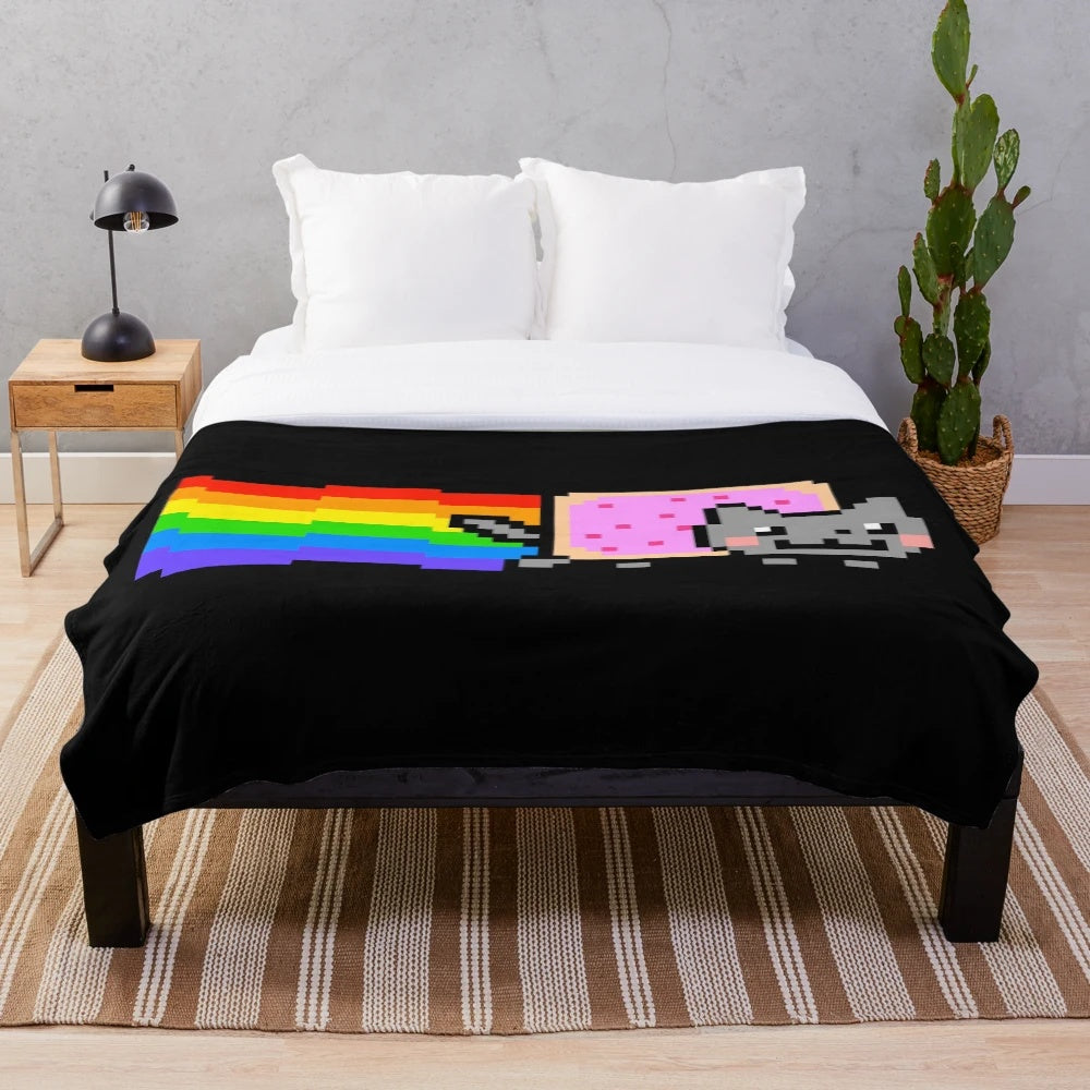Colorful plush blanket featuring a popular cat meme design