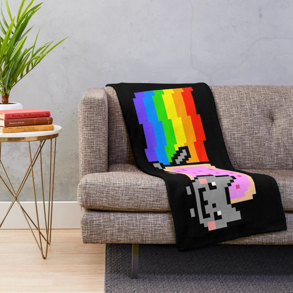 Colorful plush blanket featuring a popular cat meme design