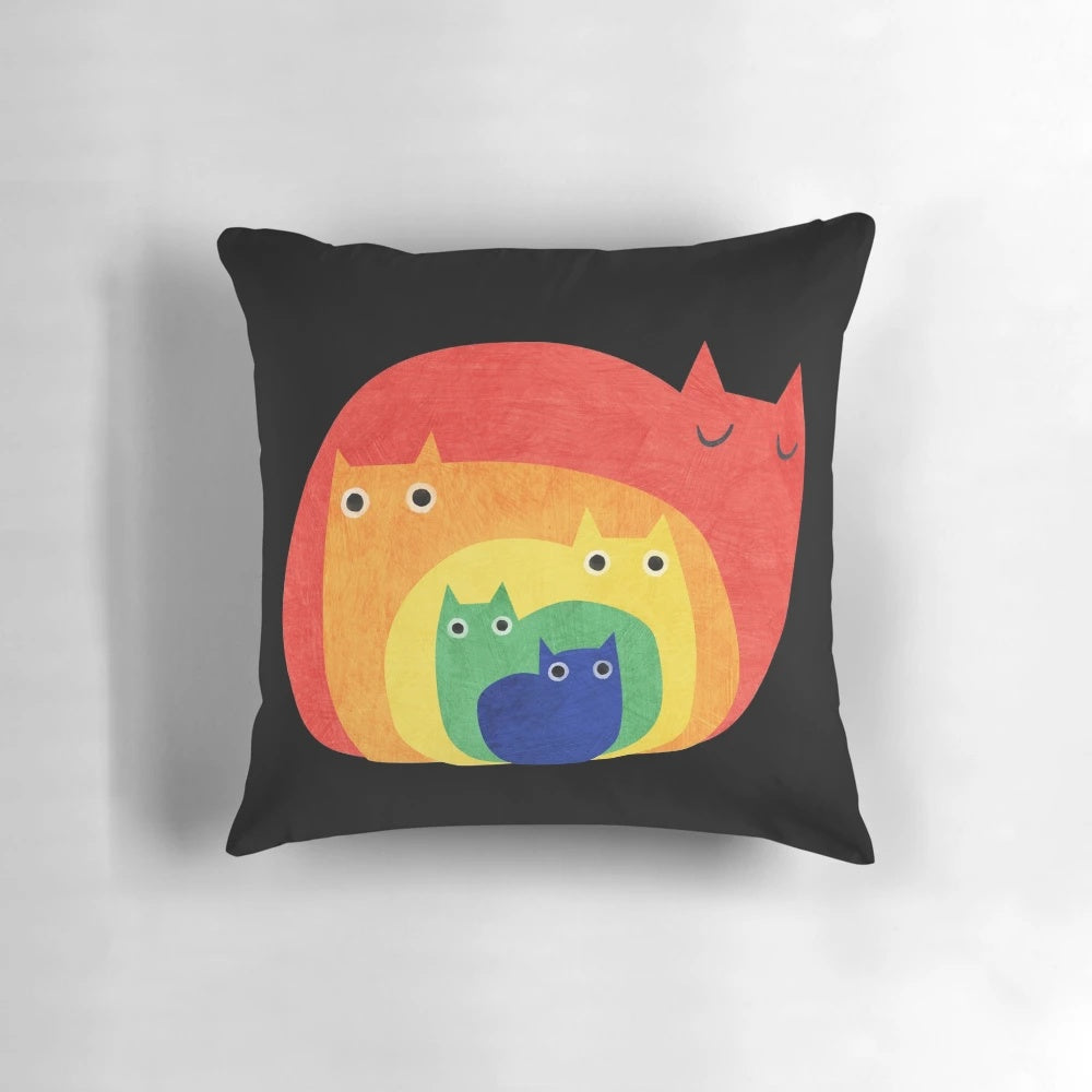 Colorful rainbow cat-themed throw pillow featuring diverse feline designs