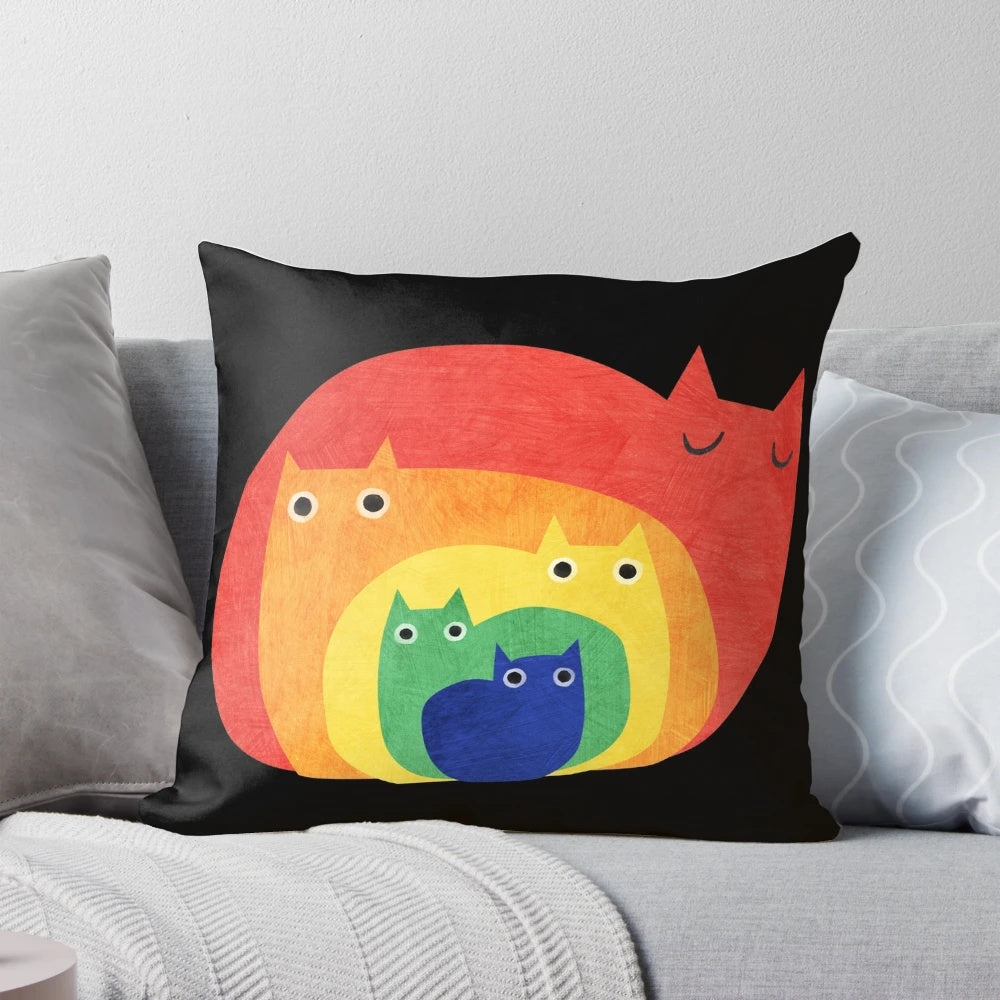 Colorful rainbow cat-themed throw pillow featuring diverse feline designs