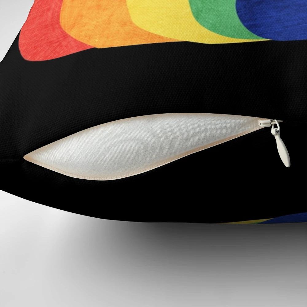 Colorful rainbow cat-themed throw pillow featuring diverse feline designs