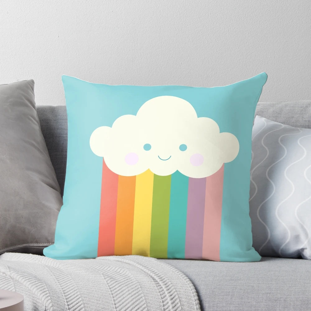 Vibrant rainbow cloud-shaped minimalist pillow in pop art style, perfect for celebrating pride and happiness.