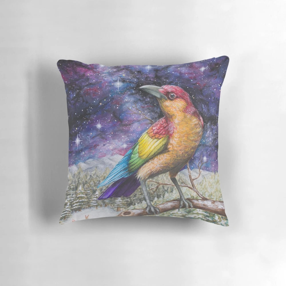 A beautifully detailed throw pillow featuring a rainbow-colored crow against a starry galaxy background.