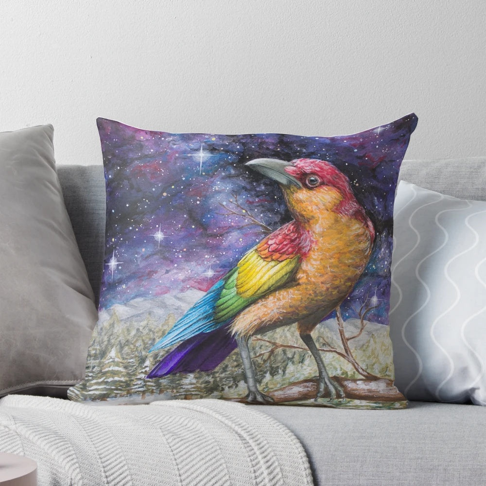 A beautifully detailed throw pillow featuring a rainbow-colored crow against a starry galaxy background.