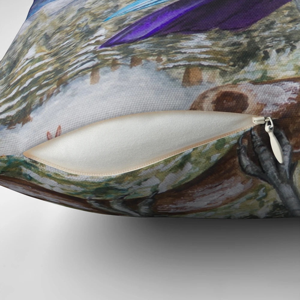 A beautifully detailed throw pillow featuring a rainbow-colored crow against a starry galaxy background.