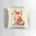 A colorful and whimsical pillow featuring a rainbow-hued fox in a lush, forest landscape.